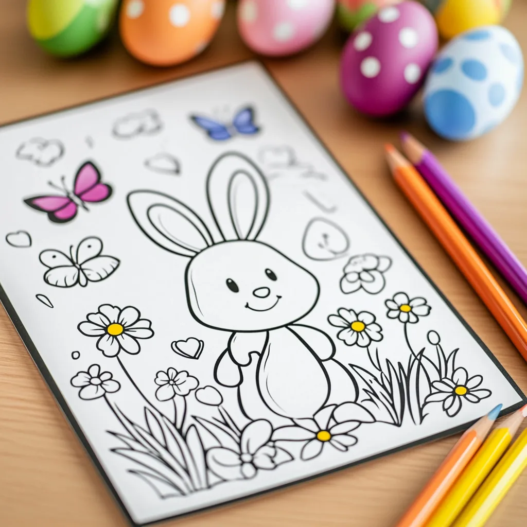 coloring pages of a bunny with eggs and flowers